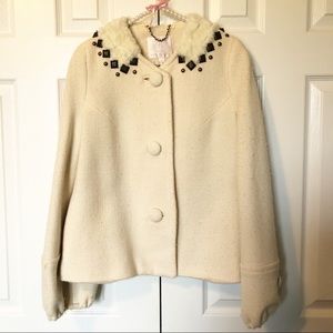 Rebecca Taylor Ivory Wool Blend Fur Embellished Collar Button Jacket Coat- Sz 6